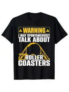 Roller Coaster Print Men's Graphic Tee - Amusement Park Design Cotton Crew Neck Casual Adventure Shirt