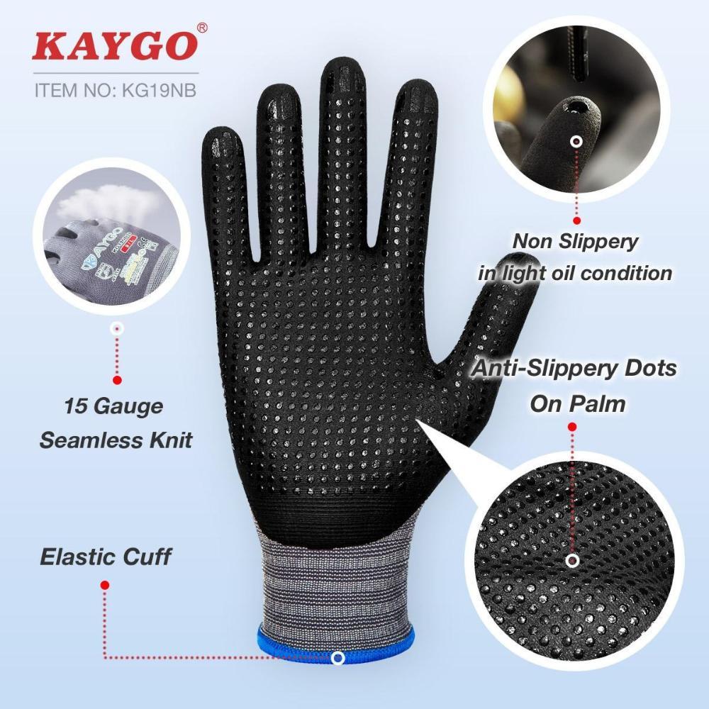 KAYGO Nylon Safety Work Gloves KG19NB – MicroFoam Nitrile Coated Palm, Comfortable Seamless Fit for Construction, Automotive Repair & Home Projects