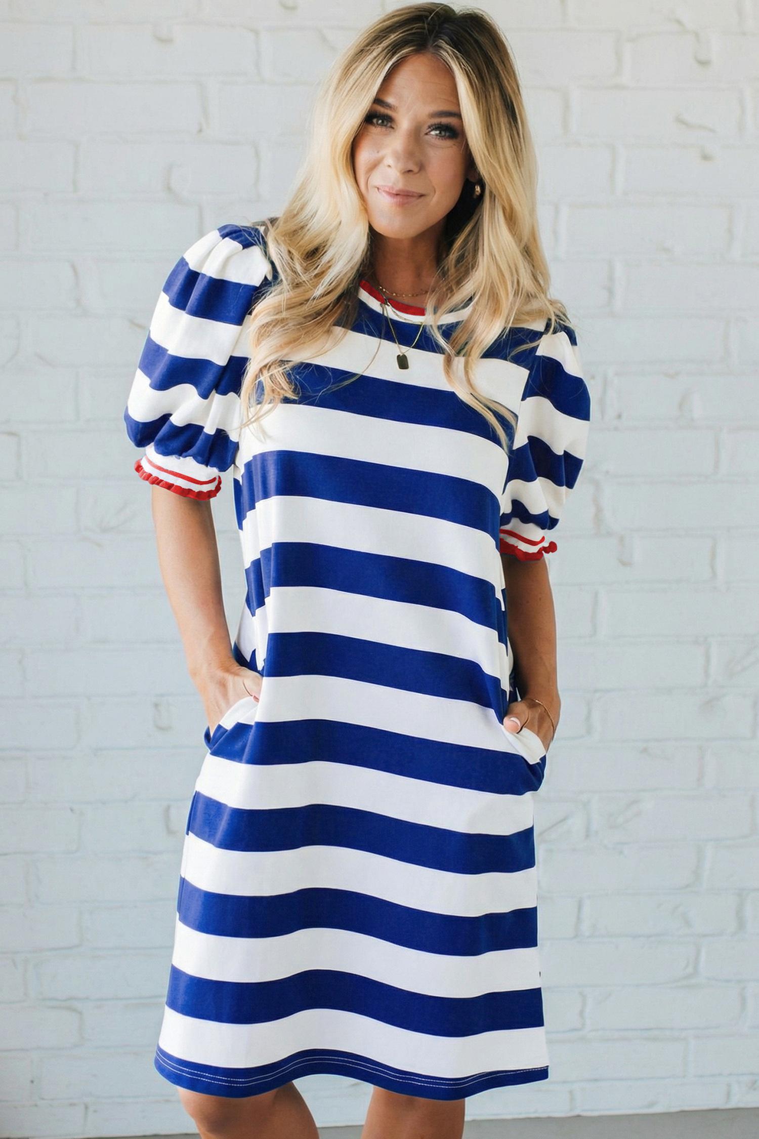 Mntaor Women's Summer Striped Shift Mini Dress - Contrast Trim, Round Neck, Puff Sleeves - Flowy, Comfortable, Y2K Aesthetic - Ideal for Office Casual, Weekend Outings - Pair with Wedges or Boots