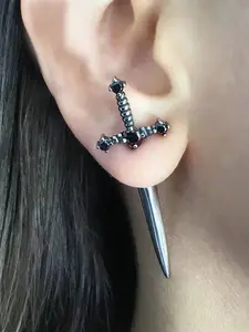 Medieval Knight Dagger Earrings, Rhinestone Sword Cross Studs, Vintage Gothic Punk Style Unisex Jewelry, All Seasons Accessory, Studded Cross Earrings