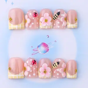 Nailssbysheccid, 10pcs press-on nails, short square type, 100% handmade, simple style, combined with French style, 3D, Flower design nails, suitable for family dinners, dates, weddings, comes with jelly glue, crystal sticks and twisting rods