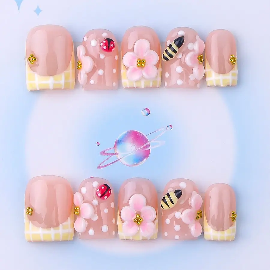Nailssbysheccid, Nail art set, Nail Art Supplies, 10pcs press-on nails, square shape, 100% handmade, simple style, French style, french tips nails, 3D, suitable for dates, weddings, gift for girls, comes with jelly glue, crystal sticks and twisting rods