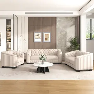 Modern 3-Piece Sofa Sets with Rubber Wood Legs,Velvet Upholstered Couches Sets Including Three Seat Sofa, Loveseat and Single Chair for Living Room Furniture Set(Old SKU:SG000570AAA),Beige