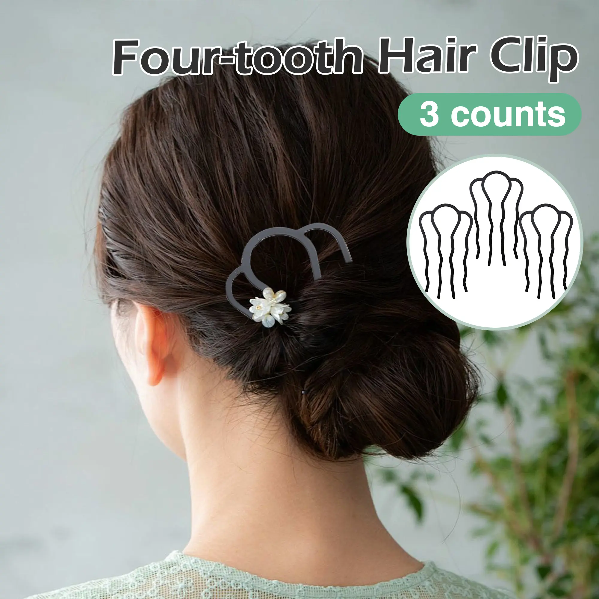 3 Counts black four-tooth hair clips, U-shaped Hair Bun Clip for All Hair Types