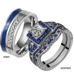 Ringcrown Couple Rings Matching Rings Princess 1ct CZ Blue Plated 2pcs Women Wedding Ring Sets For Him And Her Ring Men Titanium Steel Wedding Band