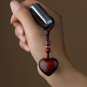 2pcs Traditional Sandalwood Heart-Shaped Keychain with Cell Phone Pendant - Handcrafted Wooden Keyring Charm for Couples, No Electricity Required, Featherless - Ideal Holiday Gift, Handmade Keychain, Trendy Cute Keychain, Keychain Included