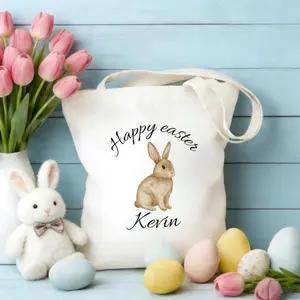 Personalized Bunny Easter Tote Bag, Custom Name Canvas Bag