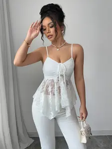Women's Elegant Solid Color Lace Asymmetric Hem Tight Fit Vest Top, Stylish, Aesthetic and Comfortable Casual Wear, Perfect for Daily