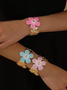 Vintage Floral Open Bangle Bracelet, Boho Style, Colorful Enamel Craftsmanship, Metal Butterfly and Petal Design, Summer Garden Vacation Accessory