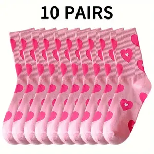 10 pairs of ladies' knee-length socks, 100% polyester, heart-shaped pattern, middle tube, breathable, 200gsm, Valentine's Day gift, hand washing, Women