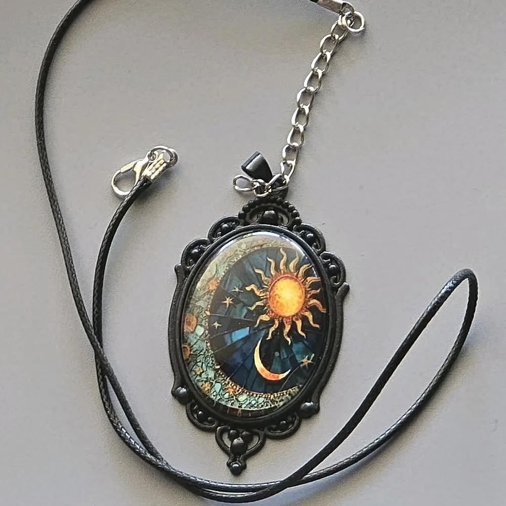 N35-Sun & Moon gothic glass Pendant with 17.5 inches long Cord, Black/Silver weight 17.5 grams