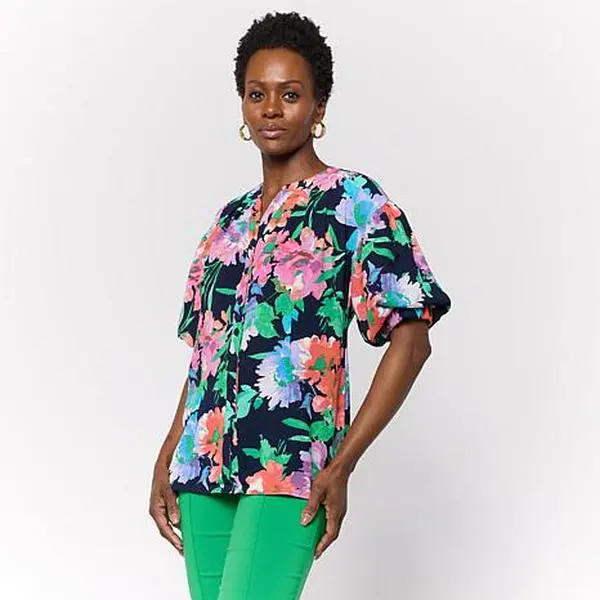 Nina Leonard Print Textured Wave Knit Bubble-Sleeve Shirt