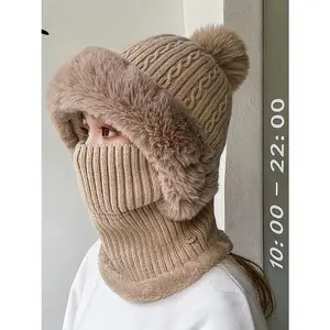 Women's Winter Balaclava Beanie Hat, Faux Fur Lined Knit Hood Scarf All-in-One, Warm Cable Knit Pom Pom Hat with Neck Warmer for Skiing