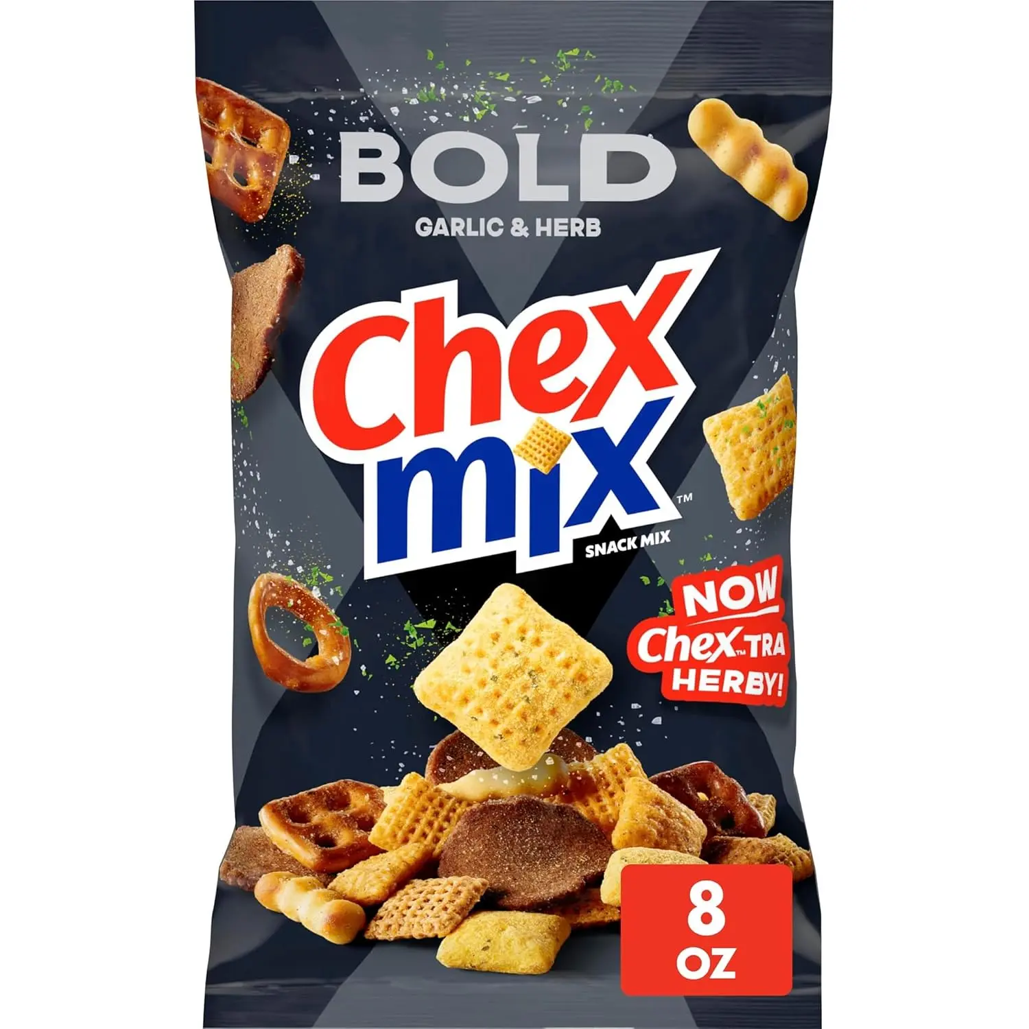 Chex Mix Bold Garlic & Herb Snack Mix, Family Size, 13.5 oz | Corn & Wheat Chex, Rye Chips, Mini Breadsticks, 2 Kinds of Pretzels, 50% Less Fat than Regular Potato Chips