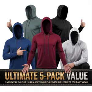 Ultimate 5-Pack Value Men's Dry Fit Long Sleeve Hoodies Lightweight Athletic Running Shirts with Face Mask for Sun Protection