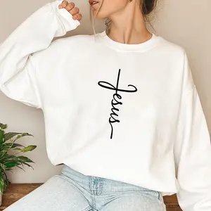 Jesus Cross Sweatshirt Christian Religious Faith Disciple Church Women's Sweatshirt Casual Print Long Sleeve Round Neck Pullover for Daily Wear, Ladies Clothing Fall & Winter Fashion Unisex Sweatshirts
