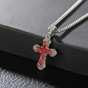 Iced Red Cross Pendant Stainless Steel Chain Necklace