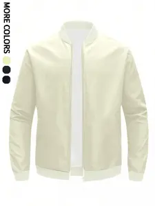 Men's Solid Color Zip Up Bomber Jacket, Regular Fit Casual Comfy Windproof Long Sleeve Baseball Collar Outerwear for Daily Wear, Men's Clothing for All Seasons, Coats