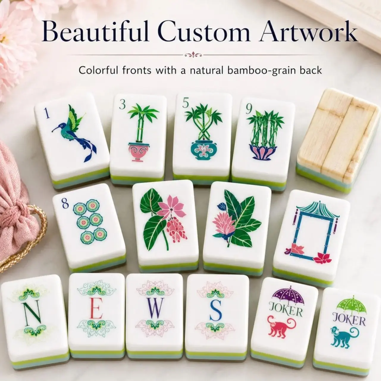 American Mahjong Set, 160 Botanical Tiles with Bamboo-Grain Backs