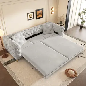 97.7" 3-in-1 Convertible Sleeper Sofa, 28.4" Deep Seat Pull Out Sofa Bed, Button Tufted Modern Sofa, 4-Seater Couch with Movable Ottoman for Apartment, Office, Bedroom, Light Grey