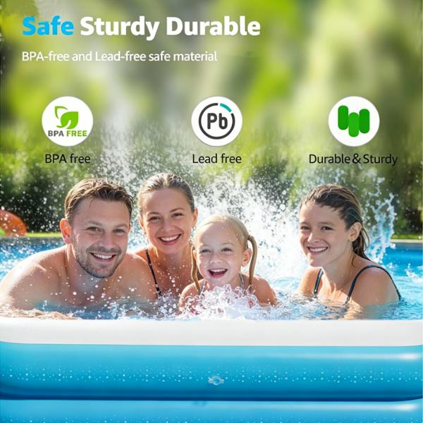 102 inches (approx. 260 cm) large inflatable swimming pool for adults and families. 4-layer thickened inflatable pool (stronger than 3-layer), 0.32mm heavy-duty PVC durable pool, suitable for kids, adults and pets in the backyard. Summer blue.