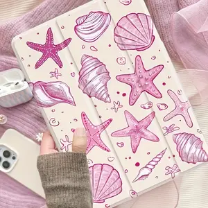 Pink exotic shell and starfish pattern tablet case with pen slot, suitable for iPad Mini, Air, Pro 4, 5, 6, 7 (models 2017, 2018, 2019, 2020, 2021, 2022, 2023, 2024, 2025), as well as Samsung S6, 7, 8, 9, 10FE+ A7 LTE, SZBCPBT72