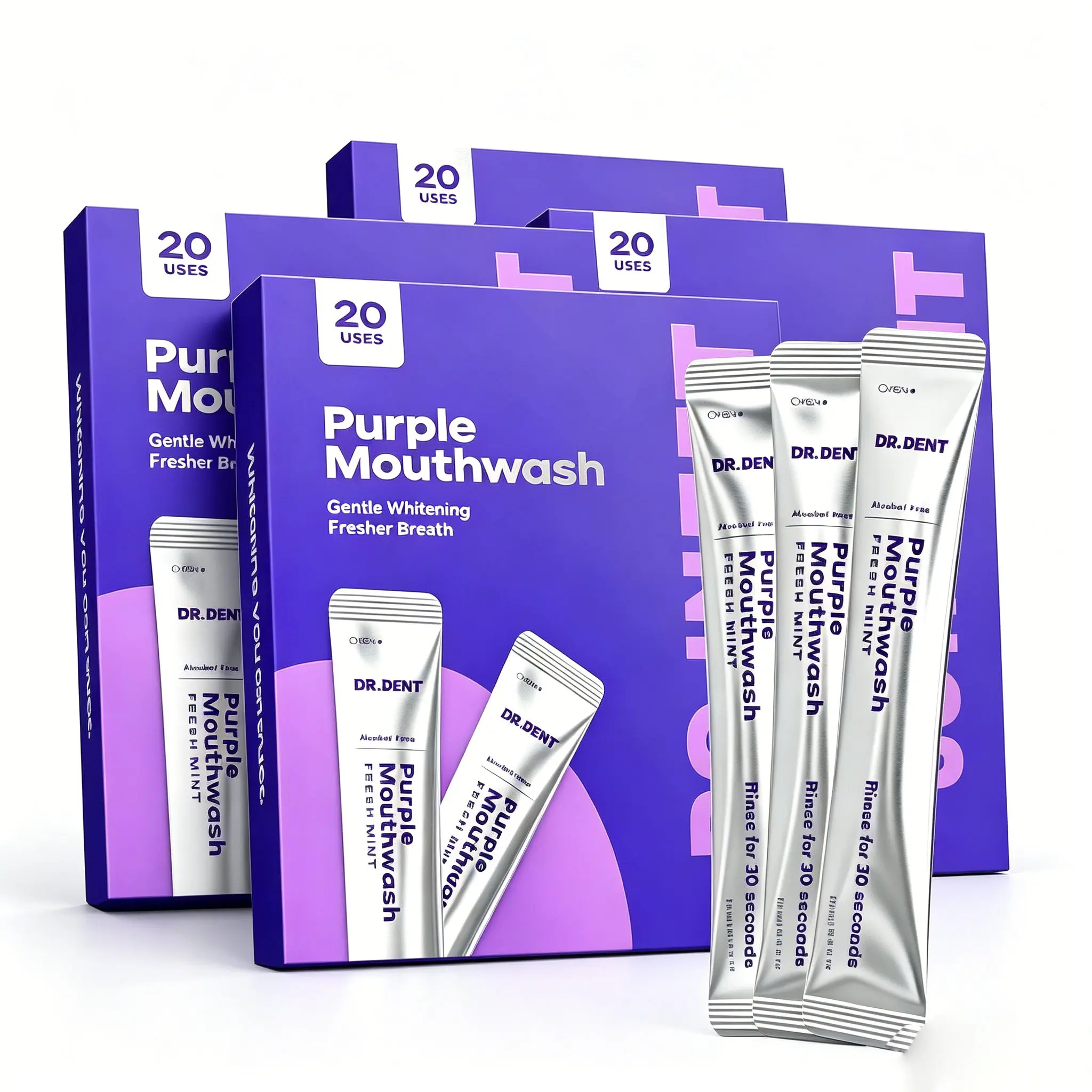 DR.DENT Purple Mouthwash 20 Pack | Portable Oral Care, Alcohol-Free, Vegan & Fresh Mint