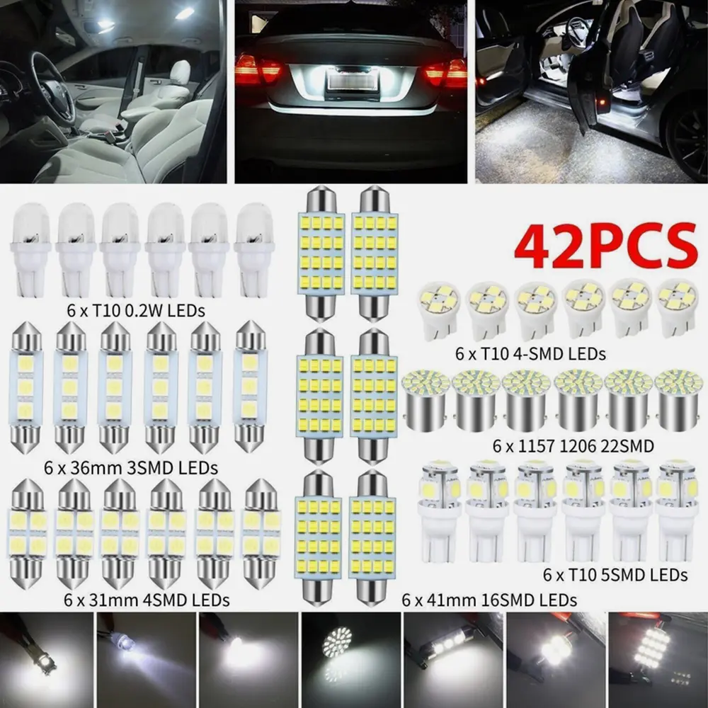 42PCS LED Bulbs Set - 6x T10 0.2W, 36mm 3SMD, 31mm 4SMD, 1157 22SMD, 41mm 16SMD for Car Interior & Exterior Lighting toolupgrade