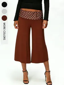 Vintage Polka Dot Patchwork Waist Casual Mid-Length Womenswear Pants, Soft Fabric Loose Fit Seven-Eighths Wide Leg Pants, Versatile Fashion Bottoms