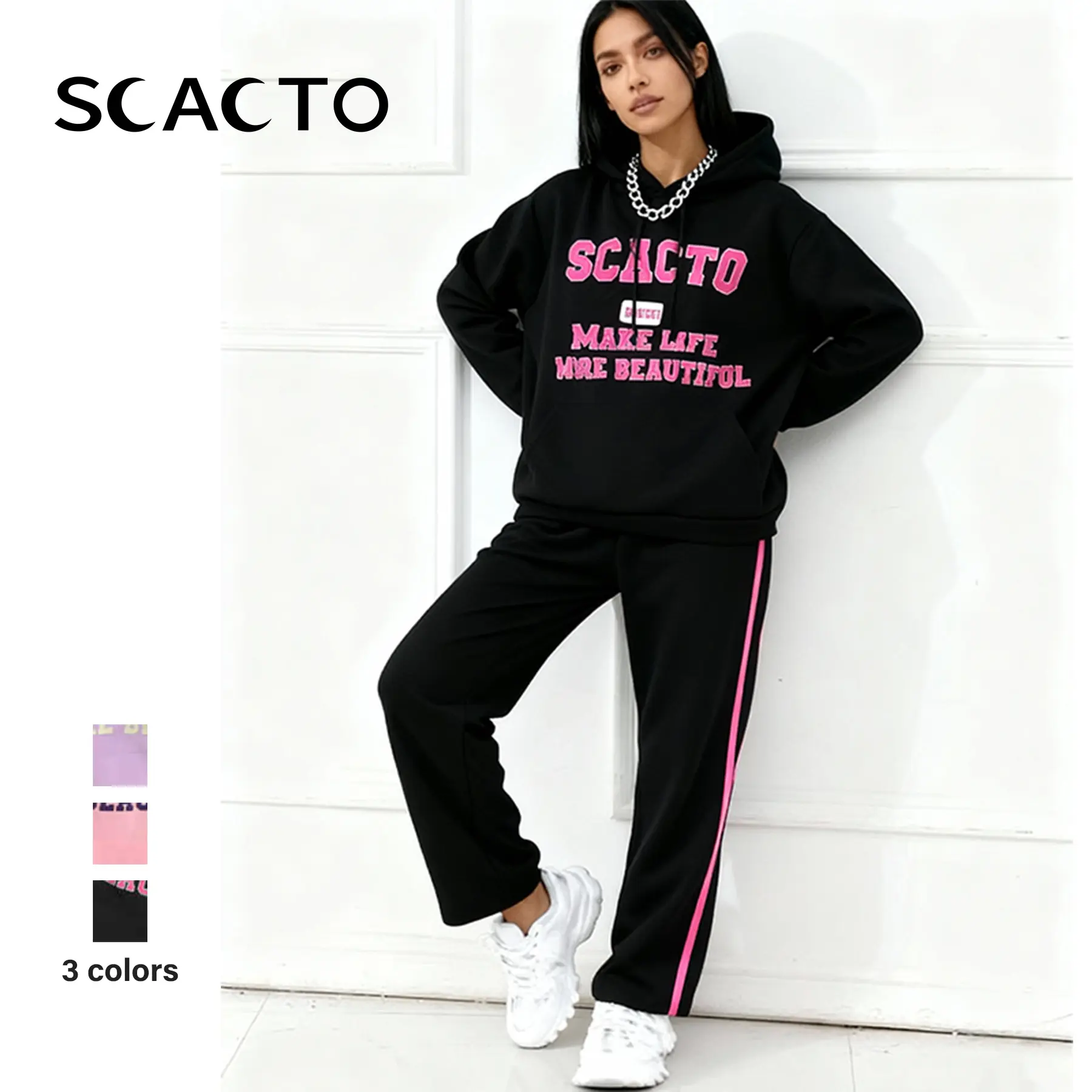 Scacto Women's Colorblock Sweatsuit Set, Oversized 2-Piece Cotton Fleece Outfit with Long Sleeve Hoodie and Joggers for Casual Wear, Garment, Adjustable, Drawstring, Check, Style, Kangaroo, Fabric, Matching, Stretchy, Sweatshirts, Pocket