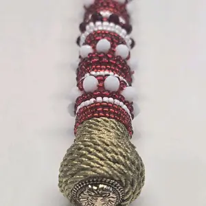 Orisha Shango Decorative Wooden Bat Religious Ritual Tool with Intricate Beadwork and Gold Accents