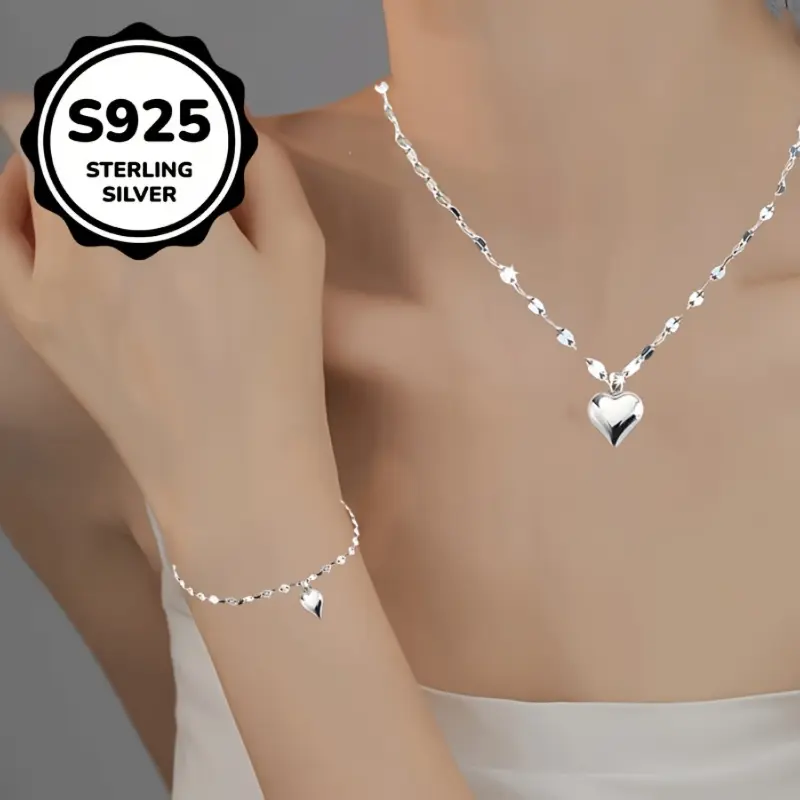 Women's 2-Piece Silvery Fashion Jewelry Set - 925 Pure Silver Sexy Lip & Love Pendant, Necklace & Bracelet Complete Accessories Set for Daily Wear, 2 Piece Set