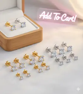 6 PAIRS Hypoallergenic Stainless Steel Earrings with Cubic Zirconia in Gold Silver & Rose Gold Cookie Nugget Fashionable Thick Studs for Men Women Unisex Diamond Summer Link Flower Delightful Earrings Themed Fashion