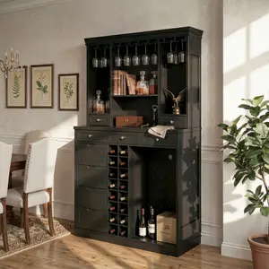 FUFU&GAGA Black Kitchen Buffet Cabinet with Drawers, Doors and Mini Fridge Space, Anti-Tip Storage Cabinet for Dining Room