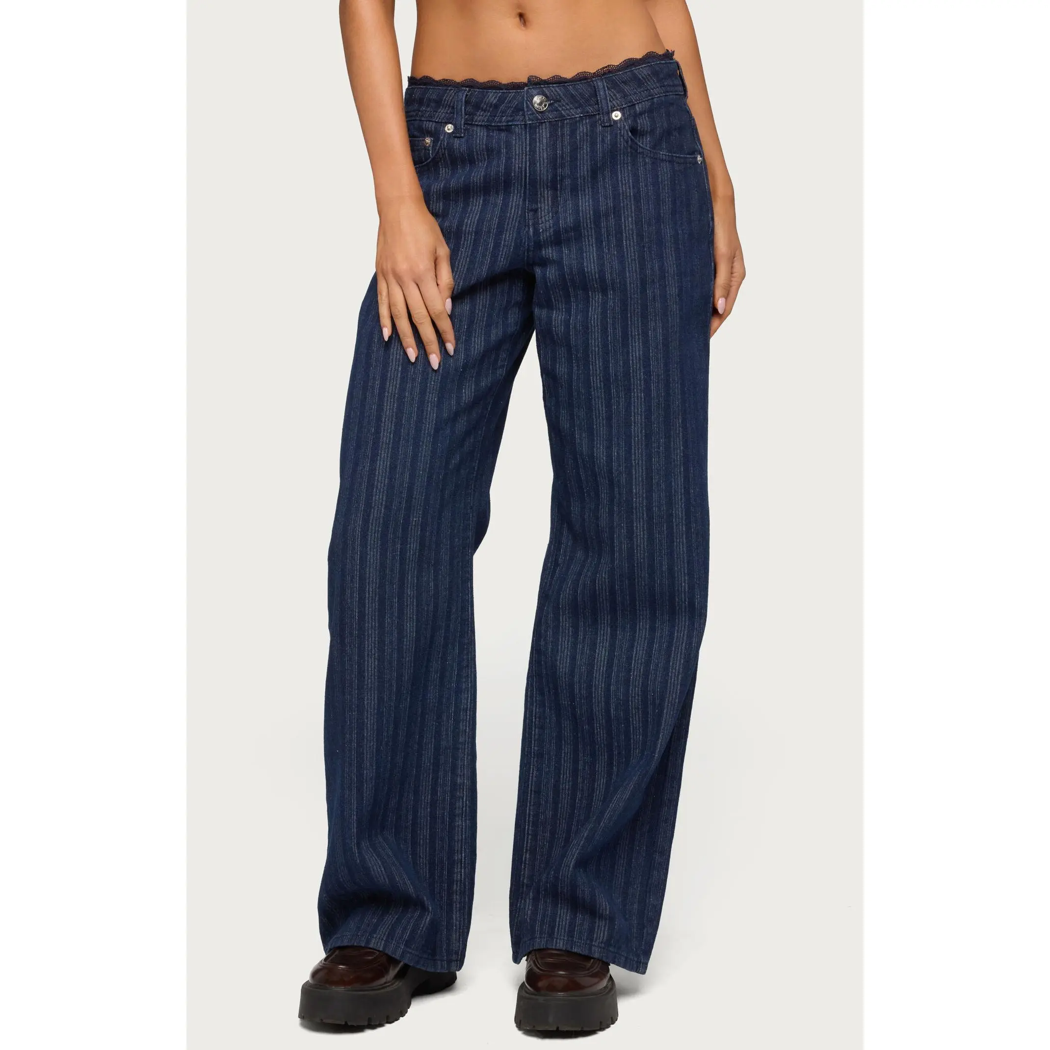 Edikted Women's Lace Trim Striped Low Rise Baggy Jeans