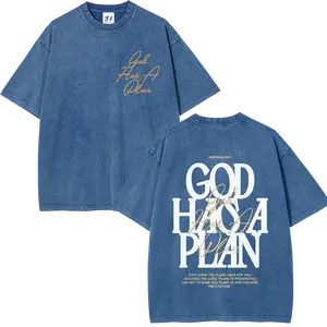 Men's Retro 260g 100% Natural Cotton Fluffy Aesthetic Casual Oversized Short-Sleeve T-Shirt - Vintage Washed, Breathable Menswear Outdoor Top with Christian "God Has A Plan" Bible Verse DTG Print
