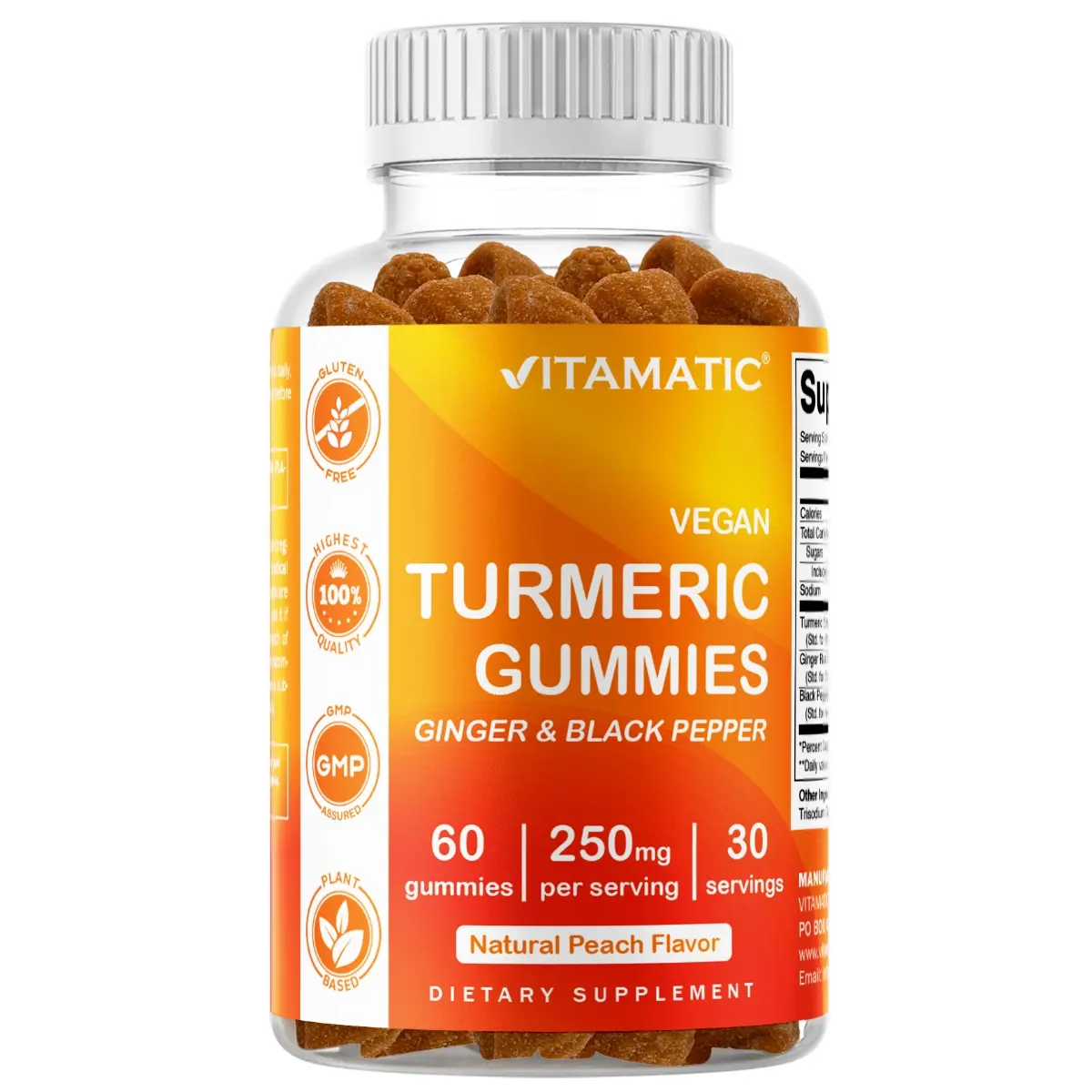 Vitamatic Vegan Natural Peach Edible Dietary Supplement Gummies, 250mg Turmeric with 95% Curcumin Dose, Ginger+Pepper Boost, High Potency, 60 Pieces