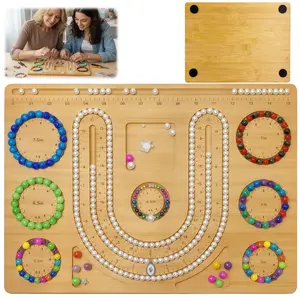 Bamboo Bead Board for DIY Jewelry Making, 2-in-1 Necklace & Bracelet Design Tray with Inch Measurements, U-Shaped Layout & Size Rings, Beading Organizer with 4 Non-Slip Pads for Beginners, Designers & DIY Crafters