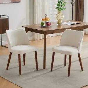Dining Chair Set of 2, Linen Upholstered Dining Chair with Wood Legs, Wooden Kitchen Chair, with Thick Cushions for Dining Room, Living Room, White