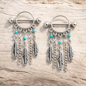 Surgical Steel Turquoise Beads Feather Dangle Nipple Shield