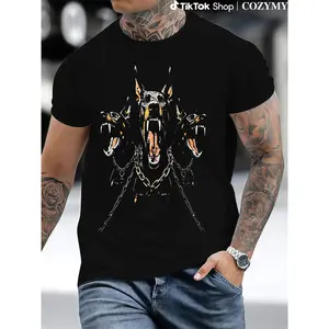 Men's vintage washed cotton T-shirt 230 grams, 2024 vintage washed black T-shirt, street style pattern Doberman Labrador T-shirt, cotton fashion