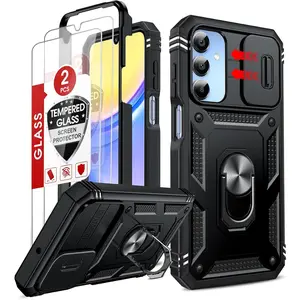 Compatible for Samsung A15-5G Phone Case: A15 5G Screen Protector Scratch Resistant [2 Packs] with A15 Case, Heavy Duty Shockproof para Basic Android Phone Case A 15, Black Fingerprint Metal Protection Holder Adjustable Tempered Cover