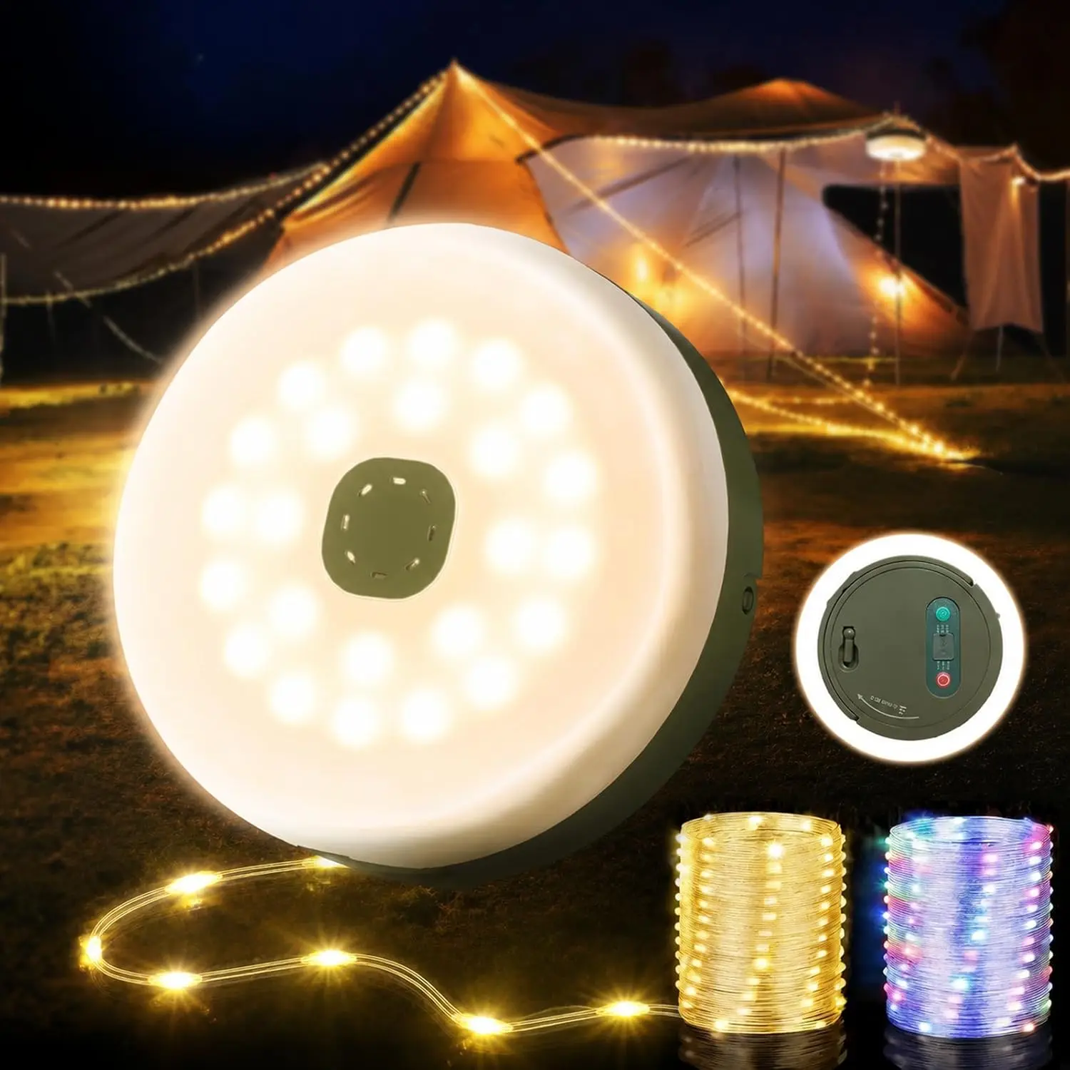 Camping String Lights, Quick Storage 32.8FT Rechargeable Tent Camping Lights with 8 Modes, Hanging Waterproof Portable LED Lamp for Outdoor Patio Awning Garden Party Camping Essentials