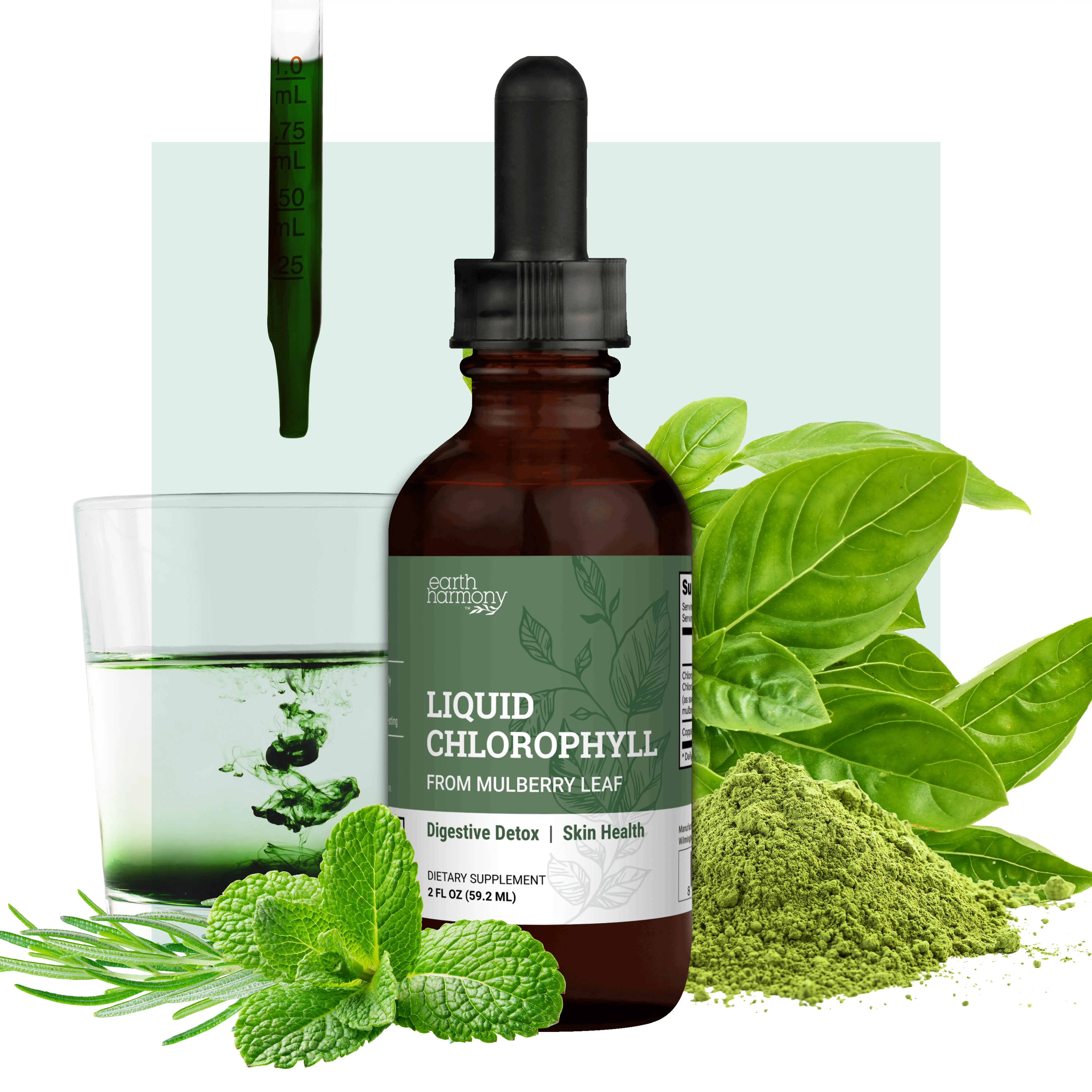 Earth Harmony Liquid Chlorophyll, Liquid Drops for Immune System Support, Natural Internal Deodorant - Vegan Chlorophyll Drops with Organic Glycerin - Clorofila Liquida, Chlorophyllin Detox Cleanse (2 Oz)