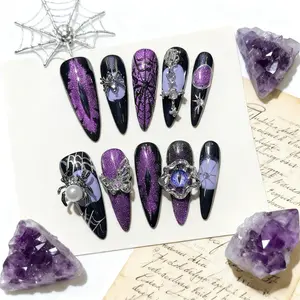 10 Pieces｜TRUTH AMOR "Dark Night Spider Web" Black-Purple Glitter Gothic Handmade Press-On Nails｜Removable & Reusable·Essential for Halloween Party×Dark Subculture×Daily Eye-Catching Looks，nail kit set，nail kit，my nail set，Bedazzled kit