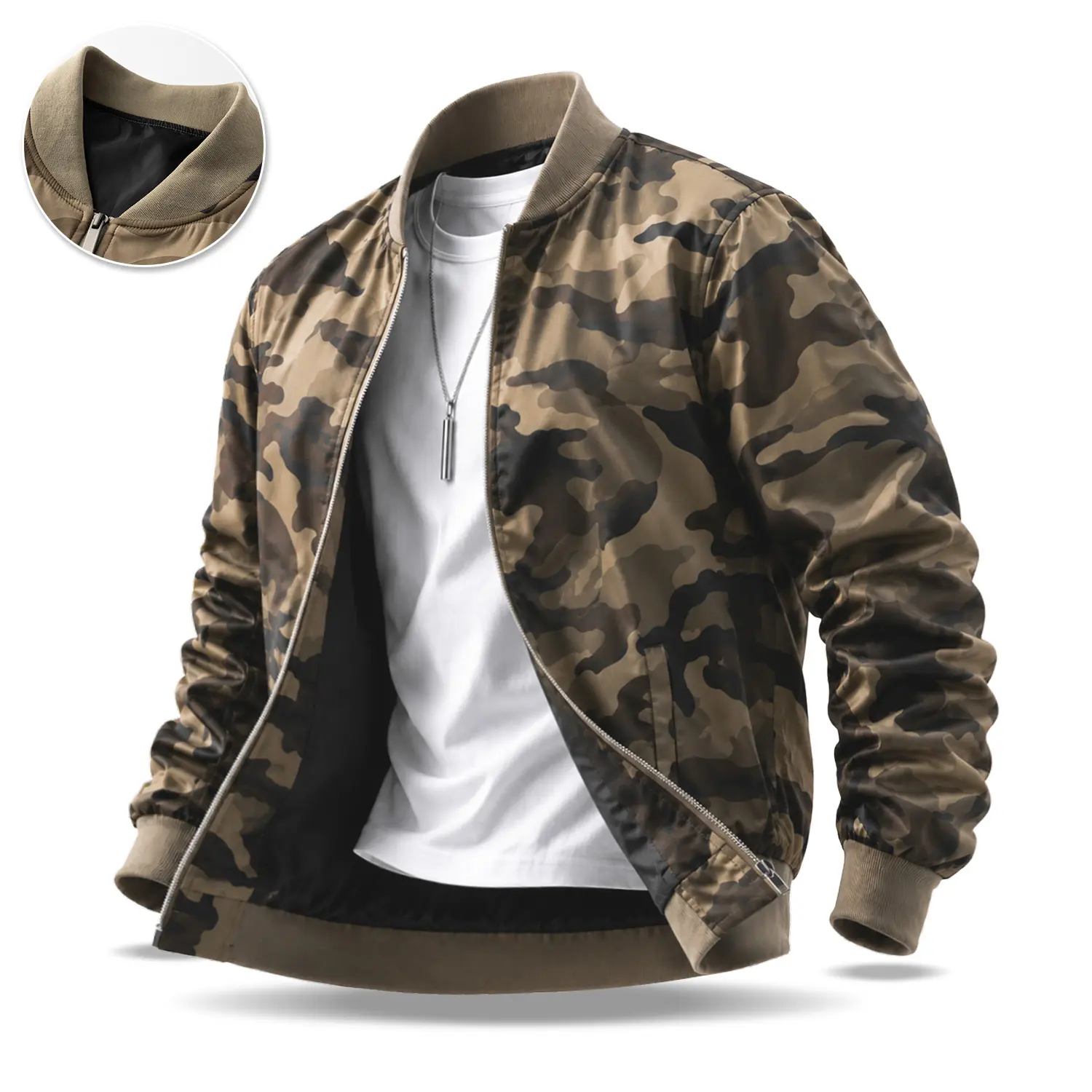 Men’s casual camouflage aviator jacket in desert tones, minimalist military-inspired design, sharp tailored silhouette, suitable for weekend activities, city walks, and light business-casual outfits.
