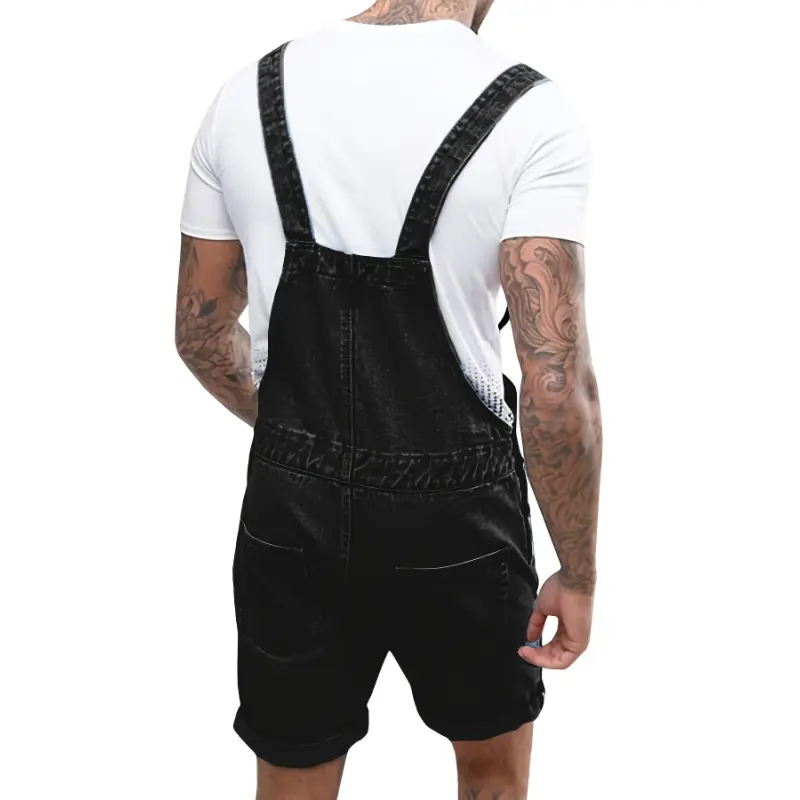 Mens Denim Shorts Bib Overall Jean Romper Casual Loose Fit Walkshort Button Pockets Summer Jumpersuit Menswear Polyester