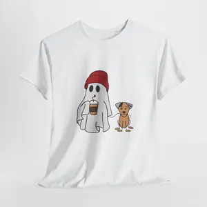 Ghost with Coffee and Dog Halloween Unisex T-shirt