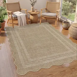 Garvee Modern Scalloped-Edge Area Rug — Non-Slip Non-Shedding and Washable Ultra-Thin Foldable Indoor Décor Piece Featuring Muted Neutral Tones for Versatile Styling for Bedrooms Living Rooms and Courtyards