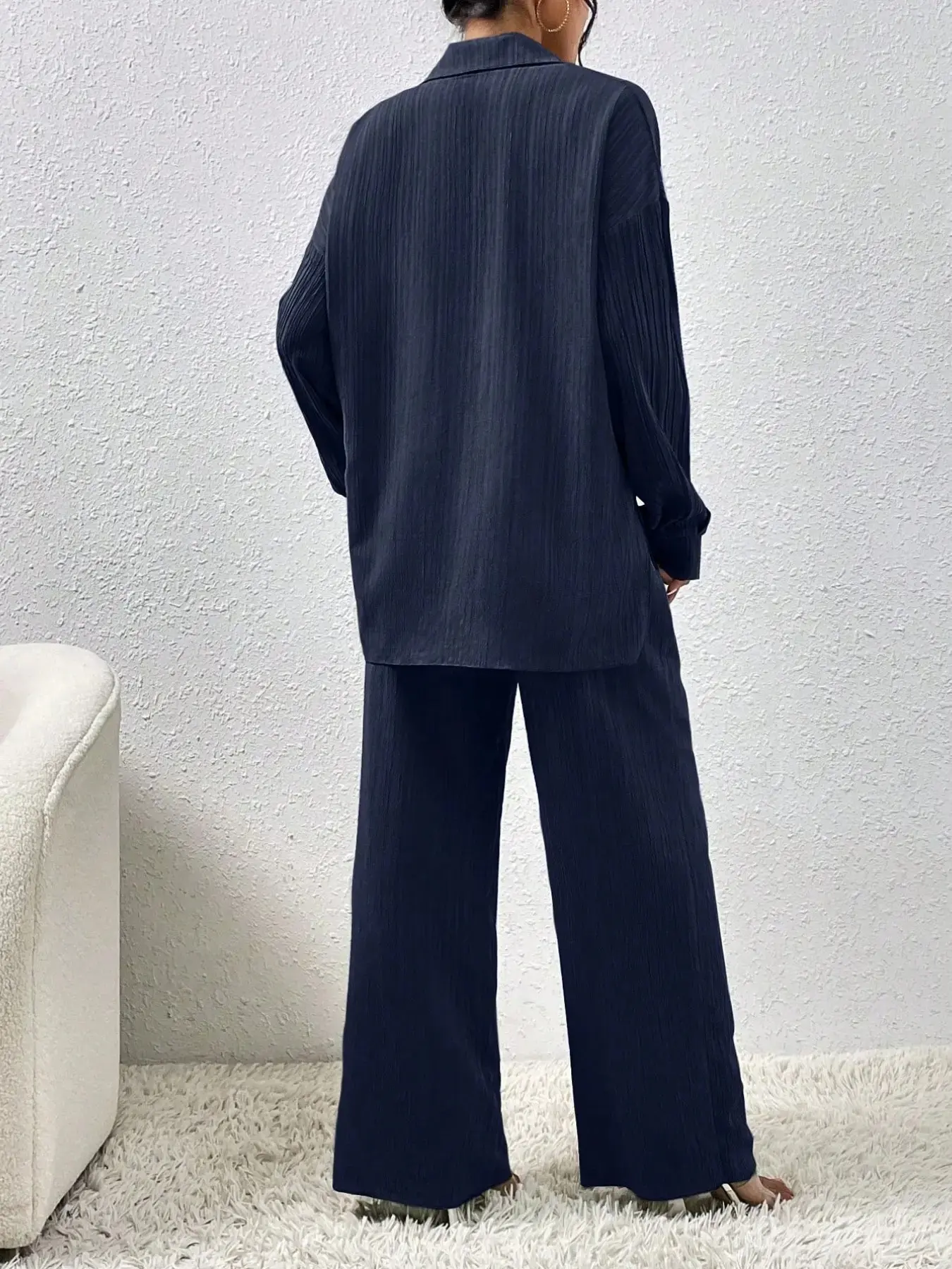Autumn New Textured Fabric Blazer and Wide Leg Pants Set, Versatile Drop Shoulder Shirt with Split Hem, Practical Slant Pockets